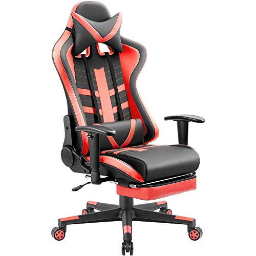 Homall Ergonomic High-Back Racing Pu Leather Bucket Seat Computer Swivel Office Headrest and Lumbar Support with Footrest, Black/Red