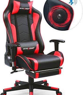 GTRACING Gaming Chair with Footrest and Bluetooth Speakers Music Video Game Chair【Patented Design】 Heavy Duty Ergonomic Computer Office Desk Chair Red