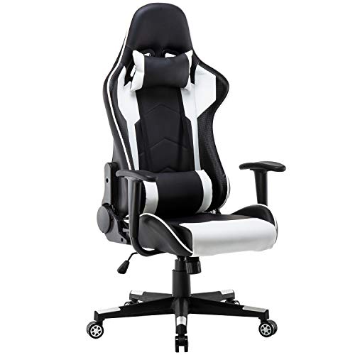 Polar Aurora Gaming Chair Racing Style High-Back PU Leather Office Chair Computer Desk Chair Executive Ergonomic Style Swivel Chair Headrest Lumbar Support/White
