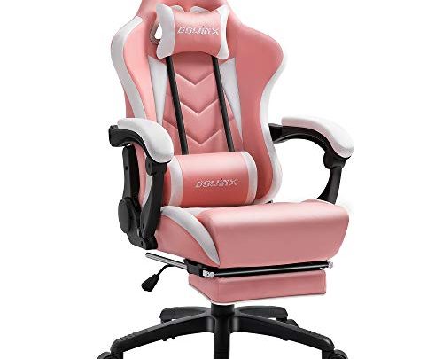 Dowinx Gaming Chair Ergonomic Racing Style Recliner with Massage Lumbar Support, Office Armchair for Computer PU Leather E-Sports Gamer Chairs with Retractable Footrest (White&Pink)