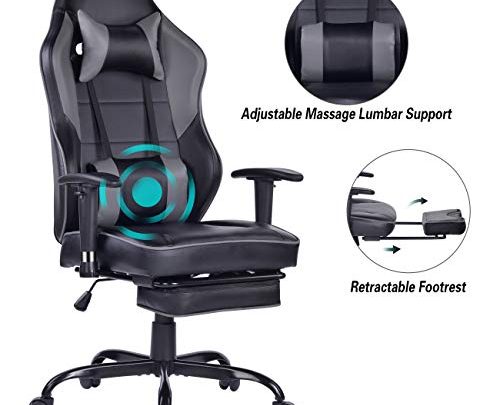 Blue Whale Massage Gaming Chair with Footrest, High Back Racing PC Computer Desk Office Chair Swivel Ergonomic Executive Leather Chair with Adjustable Armrest 8332Grey