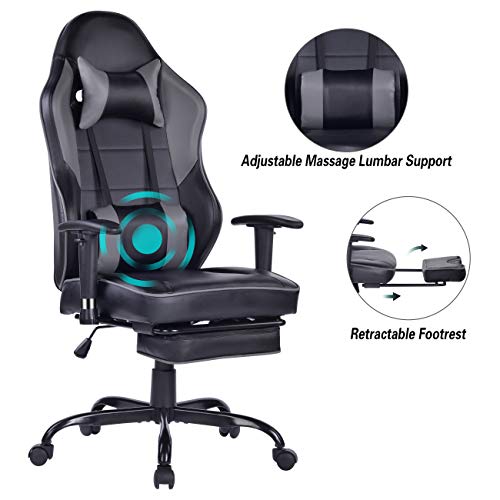 Blue Whale Massage Gaming Chair with Footrest, High Back Racing PC Computer Desk Office Chair Swivel Ergonomic Executive Leather Chair with Adjustable Armrest 8332Grey