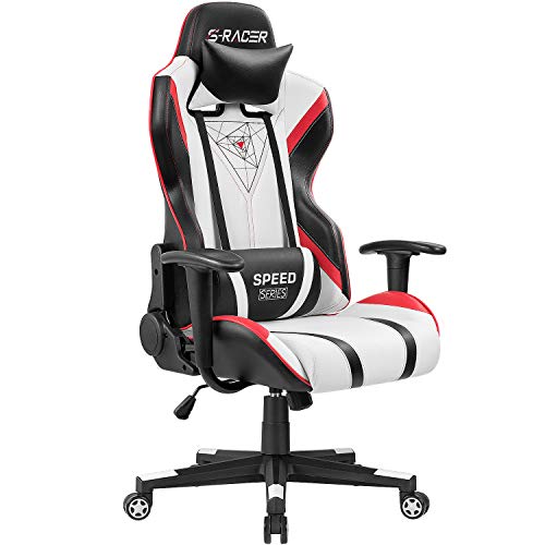 Homall Gaming Racing Office High Back PU Leather Computer Desk Executive and Ergonomic Swivel Chair with Headrest, Black/Red