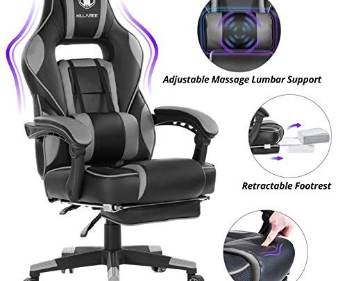 KILLABEE Massage Gaming Chair High Back PU Leather PC Racing Computer Desk Office Swivel Recliner with Retractable Footrest and Adjustable Lumbar Support,