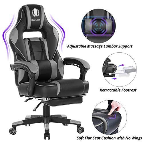 KILLABEE Massage Gaming Chair High Back PU Leather PC Racing Computer Desk Office Swivel Recliner with Retractable Footrest and Adjustable Lumbar Support,