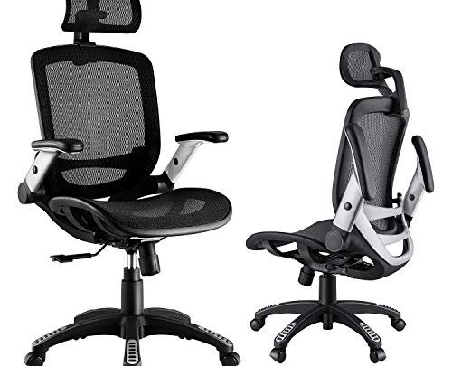 Gabrylly Ergonomic Mesh Office Chair, High Back Desk Chair – Adjustable Headrest with Flip-Up Arms, Tilt Function, Lumbar Support and PU Wheels,
