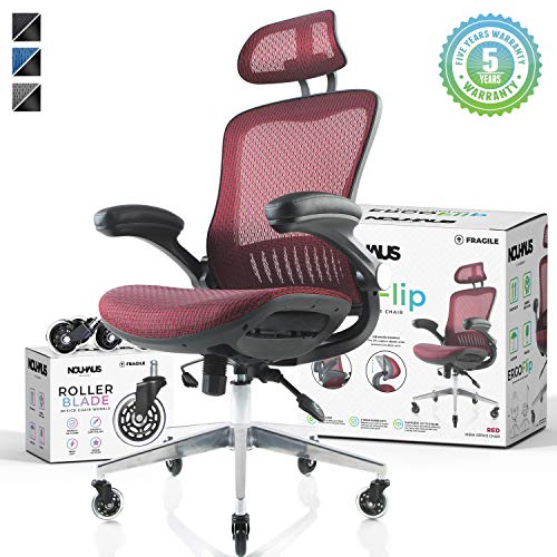 NOUHAUS Ergo Flip! Mesh Computer Chair – Burgundy Rolling Desk Chair with Retractable Armrest and Bonus Blade Wheels! Ergonomic Office Chair,