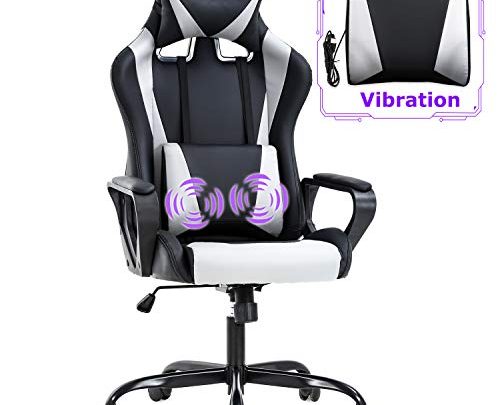 Gaming Chair Office Chair Racing Chair with Lumbar Support Arms Headrest High Back PU Leather Massage Ergonomic Desk Chair Rolling Swivel Adjustable PC Computer Chair for Women Adults Girls(White)