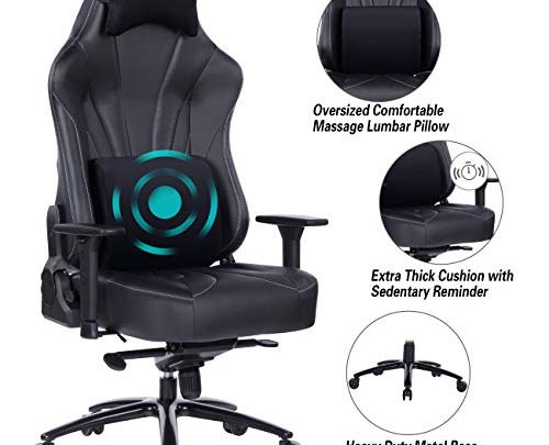 Blue Whale Super Big and Tall Gaming Chair with Massage Lumbar Support,Sedentary Reminder,Metal Base and Aluminum Alloy Armrest High Back PC Racing Office Computer Desk Ergonomic Swivel Task Chair