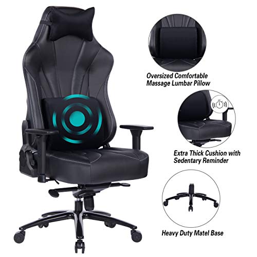 Blue Whale Super Big and Tall Gaming Chair with Massage Lumbar Support,Sedentary Reminder,Metal Base and Aluminum Alloy Armrest High Back PC Racing Office Computer Desk Ergonomic Swivel Task Chair