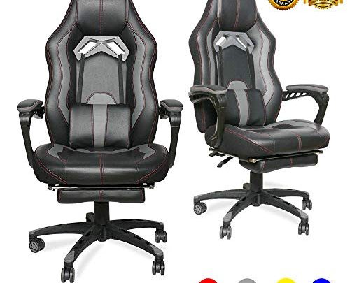 LUCKWIND Video Gaming Chair Racing Recliner – Ergonomic Adjustable Padded Armrest Swivel High Back Footrest with Headrest Lumbar Support Leather Breathable Bucket Seat Home Office Desk(Black &