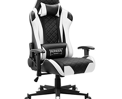 Devoko Racing Style Gaming Chair Height Adjustable Swivel PC Computer Chair with Headrest and Lumbar Support Leather Reclining Executive Office Chair (White)