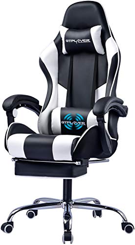 GTPLAYER Gaming Chair with Footrest Ergonomic Massage Office Chair for Adults Adjustable Swivel Leather Computer Chair High Back Desk Chair with Headrest and Massager Lumbar Support,