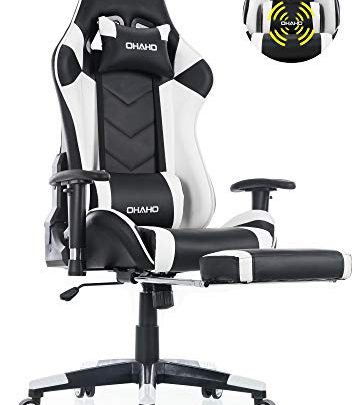 OHAHO Gaming Chair Racing Style Office Chair Adjustable Massage Lumbar Cushion Swivel Rocker Recliner Leather High Back Ergonomic Computer Desk Chair with Retractable Arms and Footrest (Black/White)