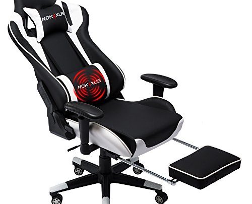 Nokaxus Gaming Chair Large Size High-back Ergonomic Racing Seat with Massager Lumbar Support and Retractible Footrest PU Leather 90-180 degree adjustment of backrest Thickening sponges (YK-6008-WHITE)
