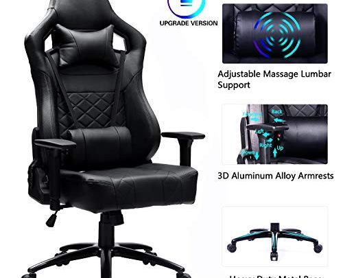 Blue Whale Big and Tall Gaming Chair with Massage Lumbar Support,Metal Base and 3D Aluminum Alloy Armrest Racing PC Computer Video Game Chair High Back PU Leather Office Desk Chair with Headrest Black