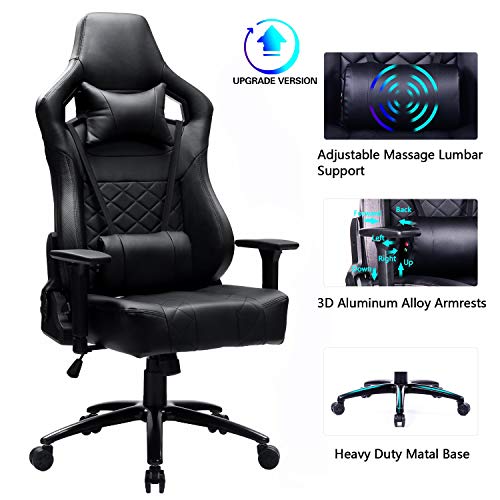 Blue Whale Big and Tall Gaming Chair with Massage Lumbar Support,Metal Base and 3D Aluminum Alloy Armrest Racing PC Computer Video Game Chair High Back PU Leather Office Desk Chair with Headrest Black