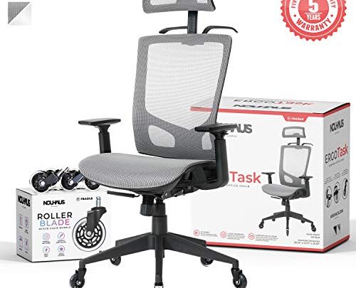 NOUHAUS ErgoTASK – Ergonomic Task Chair, Computer Chair and Office Chair with Headrest. Rolling Swivel Chair with Blade Wheels (Grey)