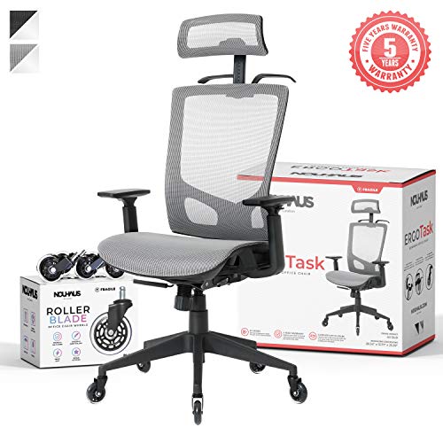 NOUHAUS ErgoTASK – Ergonomic Task Chair, Computer Chair and Office Chair with Headrest. Rolling Swivel Chair with Blade Wheels (Grey)