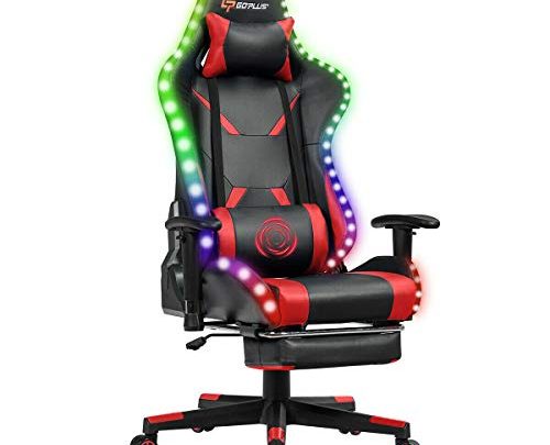 Goplus Massage Gaming Chair with Light, Reclining Backrest Handrails and Seat Height Adjustment Racing Computer Office Chair with Footrest, Ergonomic High Back PU Swivel Game Chair