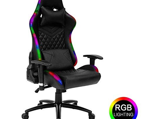 Modern-Depo High-Back Ergonomic Gaming Chair with RGB LED Lights, Headrest, Lumbar Support, Height Adjustable Swivel Recliner Office Desk Chair, Black