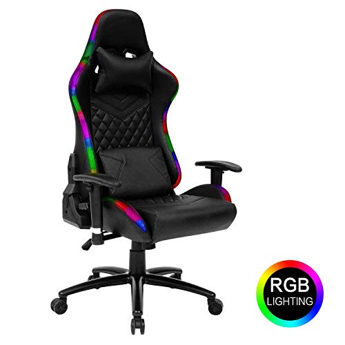 Modern-Depo High-Back Ergonomic Gaming Chair with RGB LED Lights, Headrest, Lumbar Support, Height Adjustable Swivel Recliner Office Desk Chair, Black