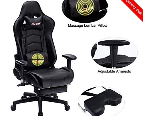 KCREAM Gaming Chair High Back PU Leather PC Racing Computer Desk Office Swivel Recliner with Retractable Footrest and Adjustable Lumbar Support (Black)
