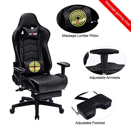 KCREAM Gaming Chair High Back PU Leather PC Racing Computer Desk Office Swivel Recliner with Retractable Footrest and Adjustable Lumbar Support (Black)