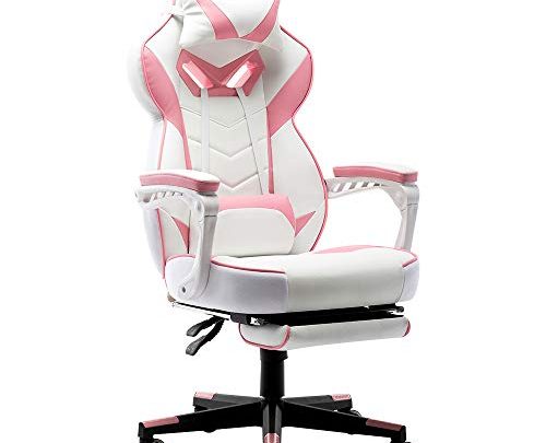 Bonzy Home Gaming Chair Computer Office Chair Ergonomic Desk Chair with Footrest Racing Executive Swivel Chair Adjustable Rolling Task Chair (White&Pink)