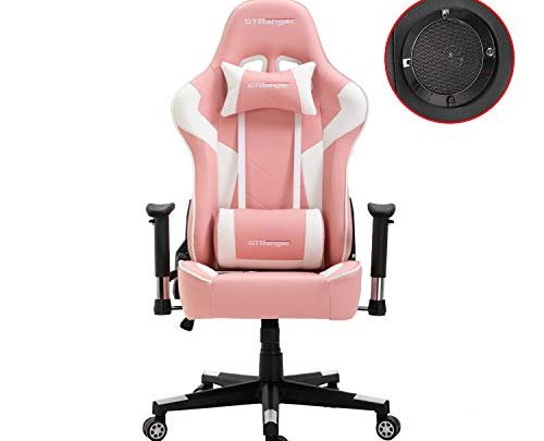 Gaming Chair with Speakers Video Game Chair Racing Style Ergonomic Office Chair Adjustable Computer Desk Chair (Pink & White)