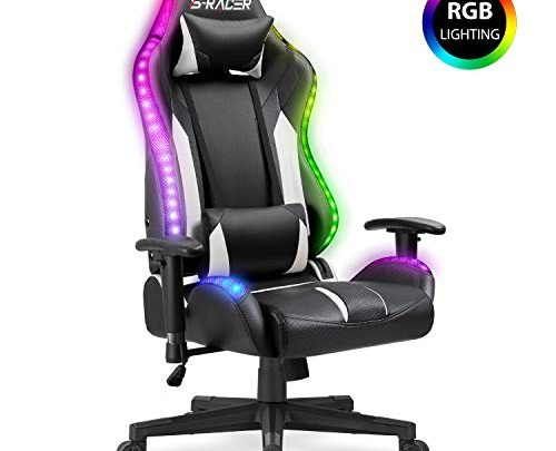 Homall Gaming Chair RGB Lighting High Back Computer Chair PU Leather Desk Chair PC Racing LED Ergonomic Adjustable Swivel Task Chair with Headrest and Lumbar Support (Black)