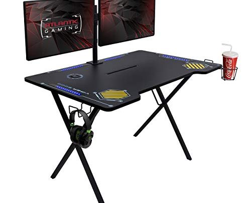 Atlantic Gaming Desk Viper 3000 – Computer Gaming Desk, LED Illumination, Three USB 3.0 Ports, Tablet/Phone Slot, Cup Holder, Dual Headphone Hooks,