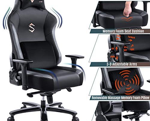 FANTASYLAB Big and Tall 400lb Massage Memory Foam Gaming Chair – Adjustable Tilt, Back Angle and 3D Arms High-Back Leather Racing Executive Computer Desk Office Chair,