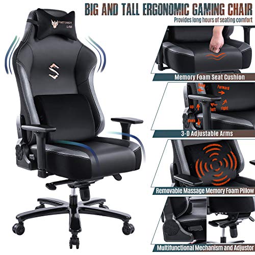 FANTASYLAB Big and Tall 400lb Massage Memory Foam Gaming Chair – Adjustable Tilt, Back Angle and 3D Arms High-Back Leather Racing Executive Computer Desk Office Chair,