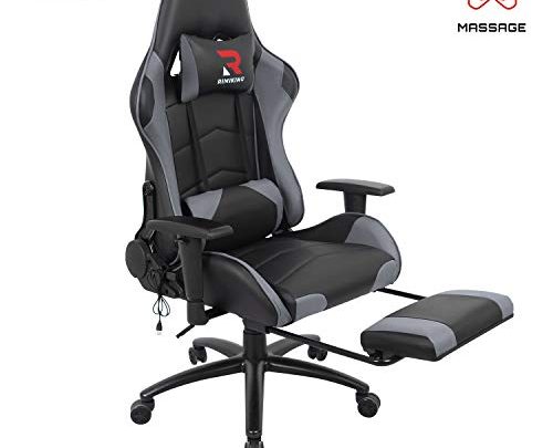 RIMIKING Massage Gaming Chair with Retractable Footrest-Adjustable Lumbar Cushion Computer Office Racing Chair Headrest Swivel Rocking Desk Chair Ergonomic