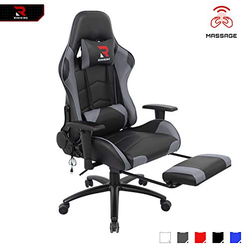 RIMIKING Massage Gaming Chair with Retractable Footrest-Adjustable Lumbar Cushion Computer Office Racing Chair Headrest Swivel Rocking Desk Chair Ergonomic
