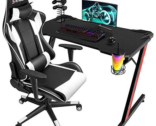 Homall Racing PU Leather Swivel Chair and 43.6 Inch Z Shaped Computer Desk Table Gaming Home Office Furniture Sets (White)