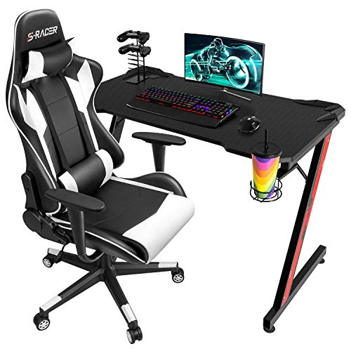 Homall Racing PU Leather Swivel Chair and 43.6 Inch Z Shaped Computer Desk Table Gaming Home Office Furniture Sets (White)