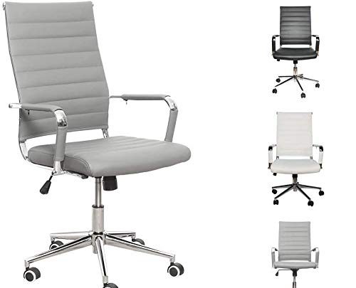 LUCKWIND Ergonomic Office Chair Ribbed Leather Swivel – Adjustable Height Tilt Arm Sleeves Lumbar Support High Back Upholstery Executive Conference Task Computer Chrome Wheel Caster 350lb (Grey)