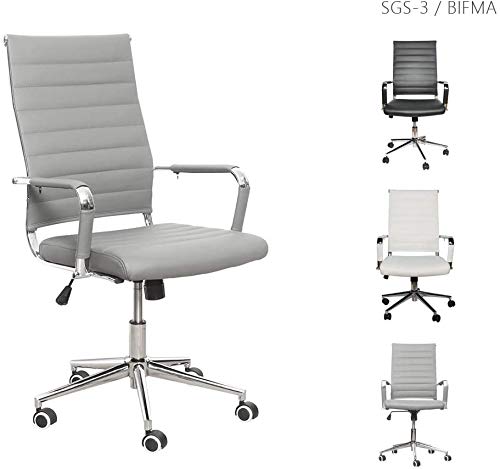 LUCKWIND Ergonomic Office Chair Ribbed Leather Swivel – Adjustable Height Tilt Arm Sleeves Lumbar Support High Back Upholstery Executive Conference Task Computer Chrome Wheel Caster 350lb (Grey)