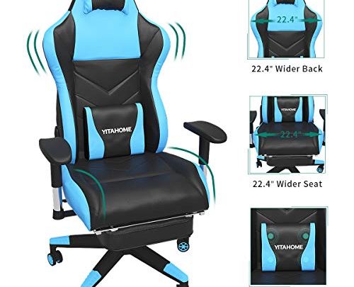 YITAHOME Massage Gaming Chair, Heavy Duty Big and Tall Computer Racing Desk Chair with Footrest, and Large Size PU Leather Swivel Video Game Chair with High Back (Deluxe Light Blue)