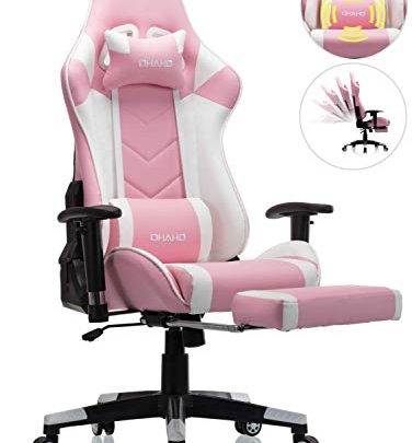 OHAHO Gaming Chair Racing Style Office Chair Adjustable Massage Lumbar Cushion Swivel Rocker Recliner Leather High Back Ergonomic Computer Desk Chair with Retractable Arms and Footrest (Pink/White)