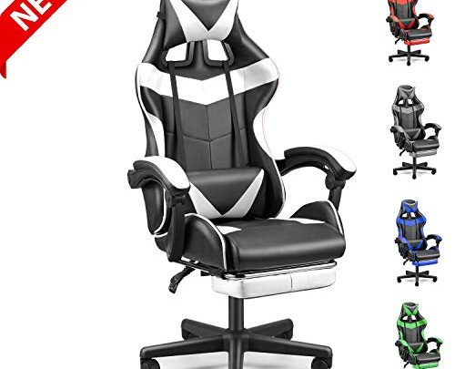 FERGHANA Computer Chair,Gaming Chair,Ergonomic Racing Style PC Game Computer Chair with Headrest Lumbar Support Footrest Adjustable Recliner Chair(Polar White)