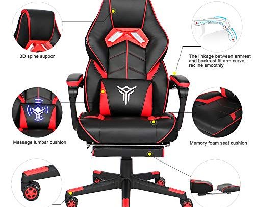 YOURLITEAMZ Racing Gaming Chair with Footrest and Massage Lumbar Pillow, Swivel Height Adjustable Reclining PU Leather Video Game Chair, E-Sports Gaming Chair Big and Tall (Red)