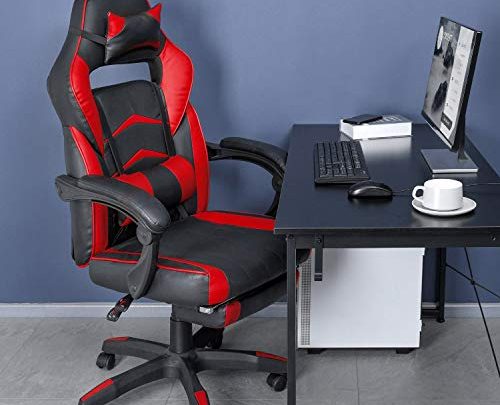 OKVAC Racing Style PC Video Gaming Chair, Home Office High-Back Ergonomic Backrest Executive Seat, Height & Backrest Adjustment, E-Sports Recliner Swivel with Headrest Lumbar Pillow Footrest (Red)