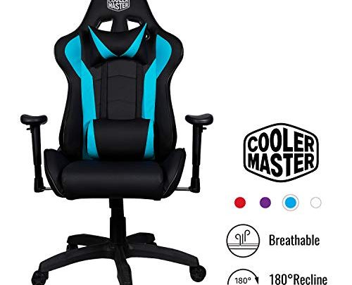 Cooler Master Caliber R1, PC Gaming Racing Chair Ergonomic High Back Office Chair, Seat Height and Armrest Adjustment, Recliner, Cushions with Headrest and Lumbar Support- Cyan-Blue