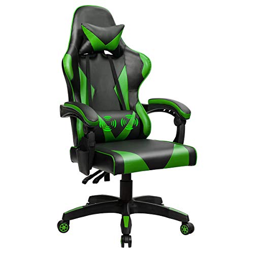 Goplus Massage Gaming Chair, Reclining Backrest, Seat Height Adjustment Racing Computer Office Chair, Ergonomic High Back Swivel PC Game Chair with Headrest and Lumbar Cushion