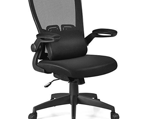 Giantex Mesh Ergonomic Desk Chair w/Portable Lumbar Pillow and Flip up Cushioned Armrests, Swivel High Back Mesh Computer Chair, Adjustable Height Drafting Stool(Black)