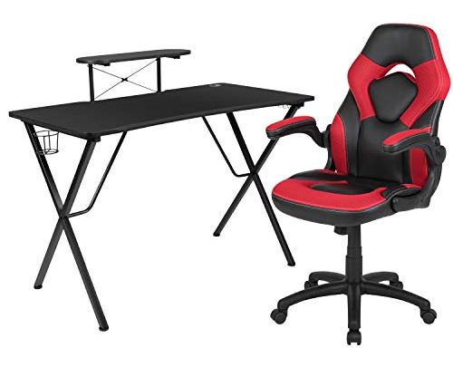 Flash Furniture Black Gaming Desk and Red/Black Racing Chair Set with Cup Holder, Headphone Hook, and Monitor/Smartphone Stand