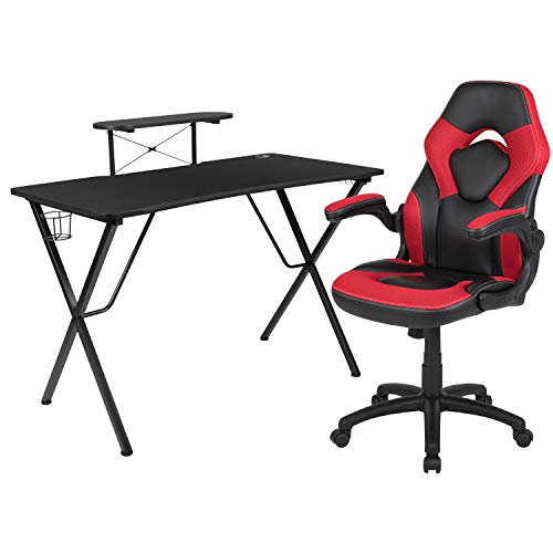 Flash Furniture Black Gaming Desk and Red/Black Racing Chair Set with Cup Holder, Headphone Hook, and Monitor/Smartphone Stand